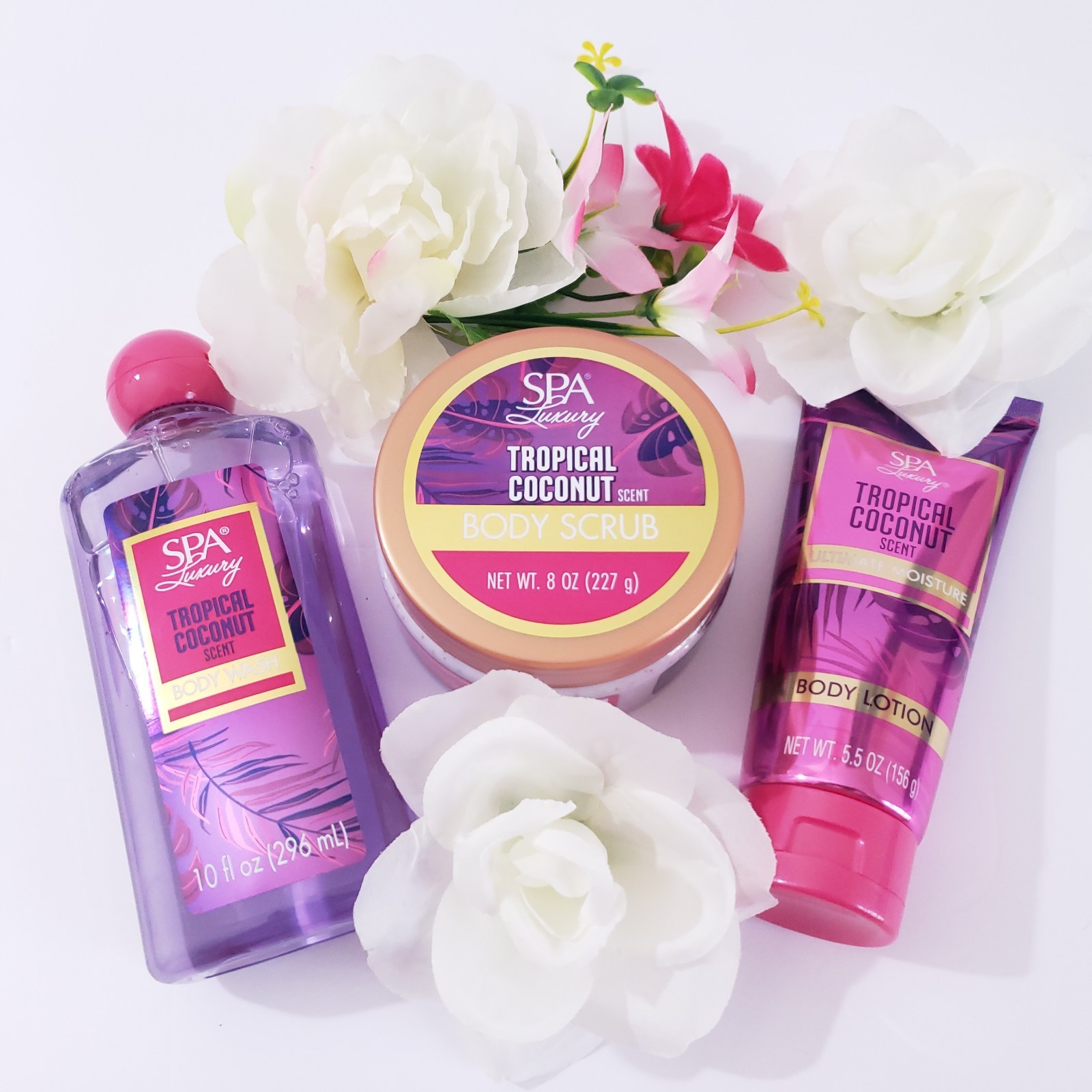 SPA Luxury Tropical Coconut Body Scrub 8 oz Lotion 5.5 oz Body Wash 10 fl oz Set