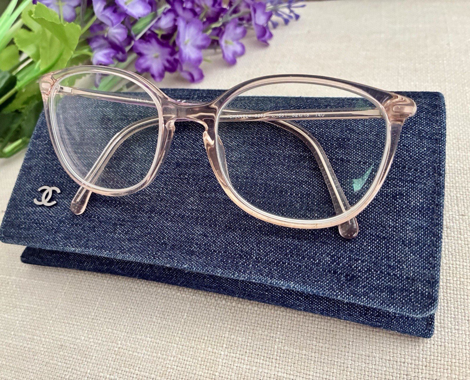Authentic Chanel Glasses/Pale Clear Pink/CC Logo/Preowned/Chanel Blue Denim Case