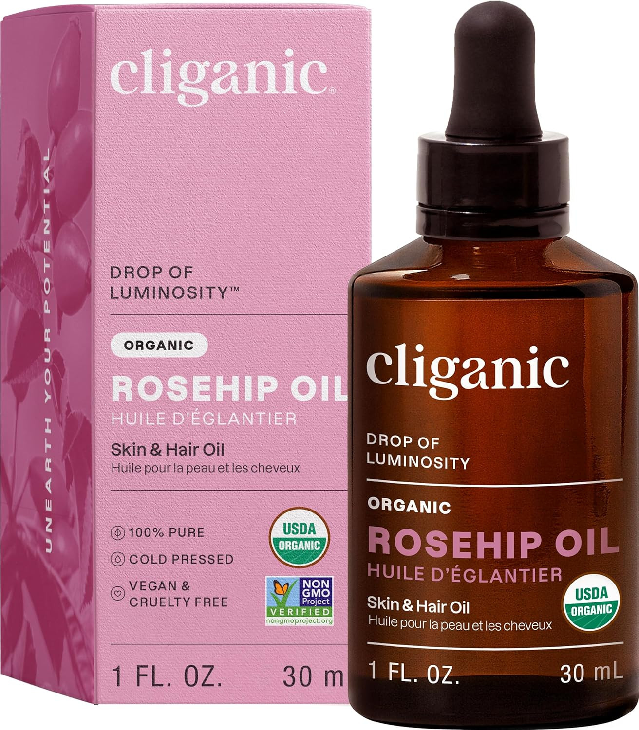 Organic Rosehip Seed Oil for Face, 100% Pure | Natural Cold Pressed Unrefined No