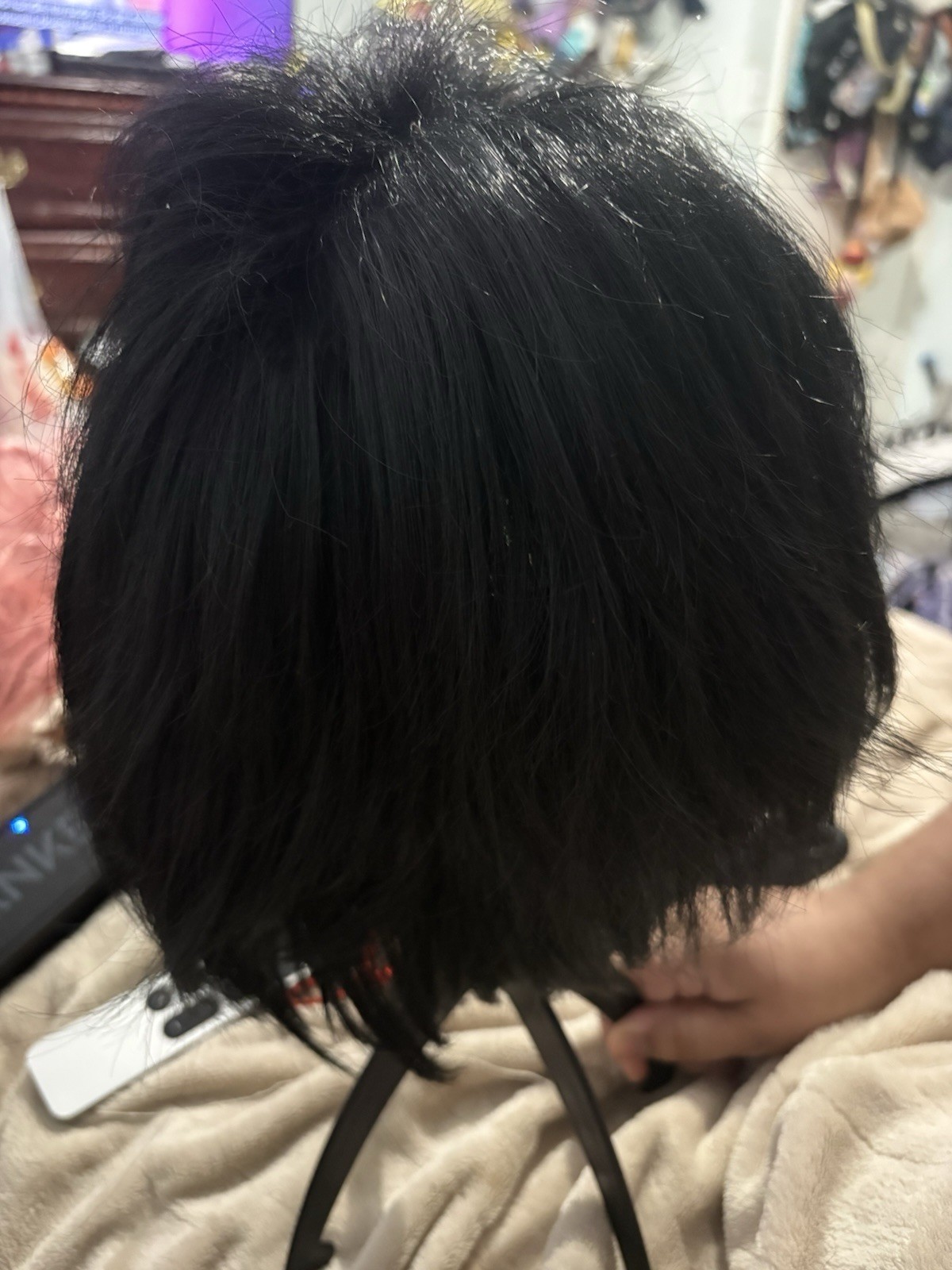 Black Short Straight Bob Wig, Synthetic Cosplay Hairpiece w/ Classic Cap