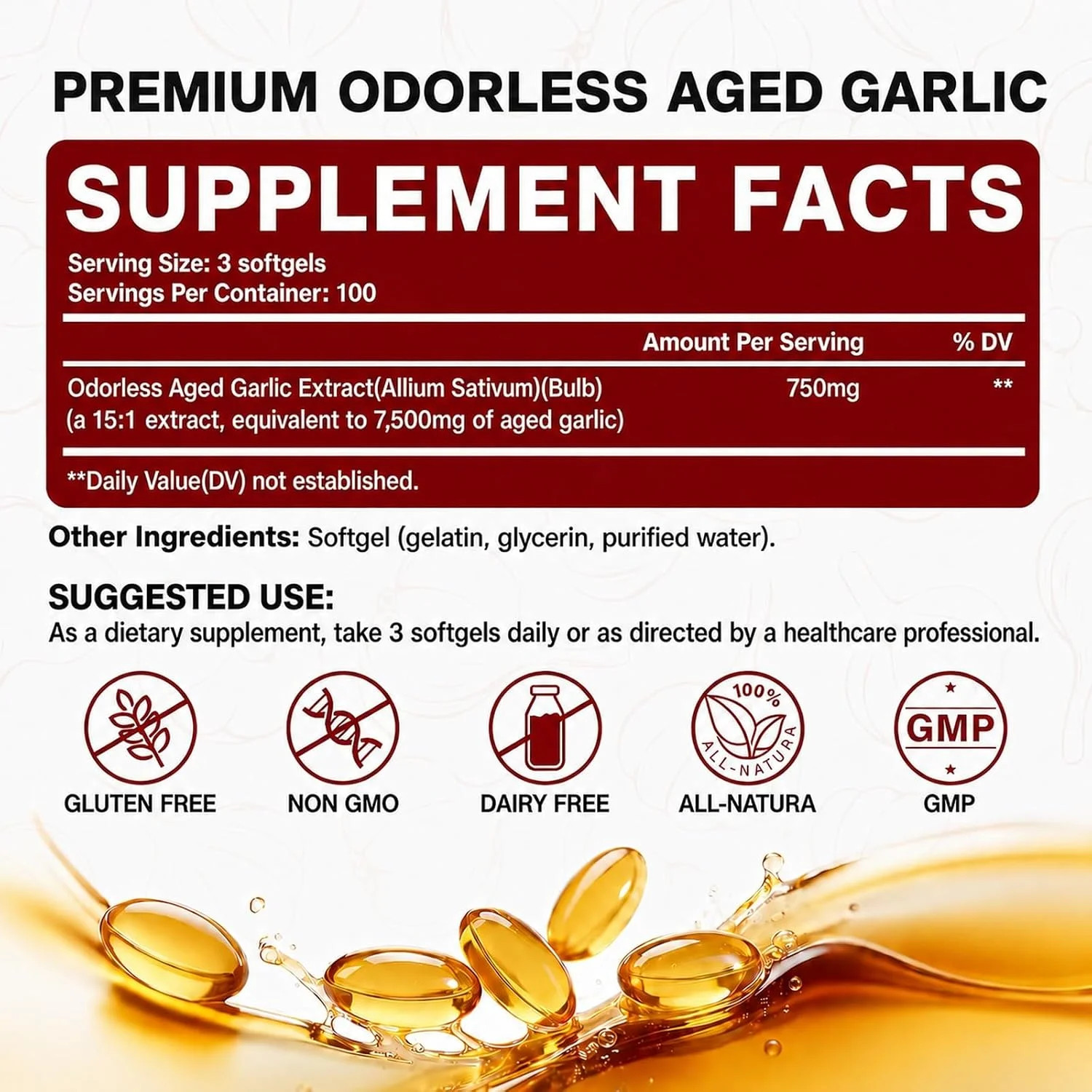 Aged Garlic Extract – 7500mg Odorless, 300 Softgels, Aged Garlic Supplement