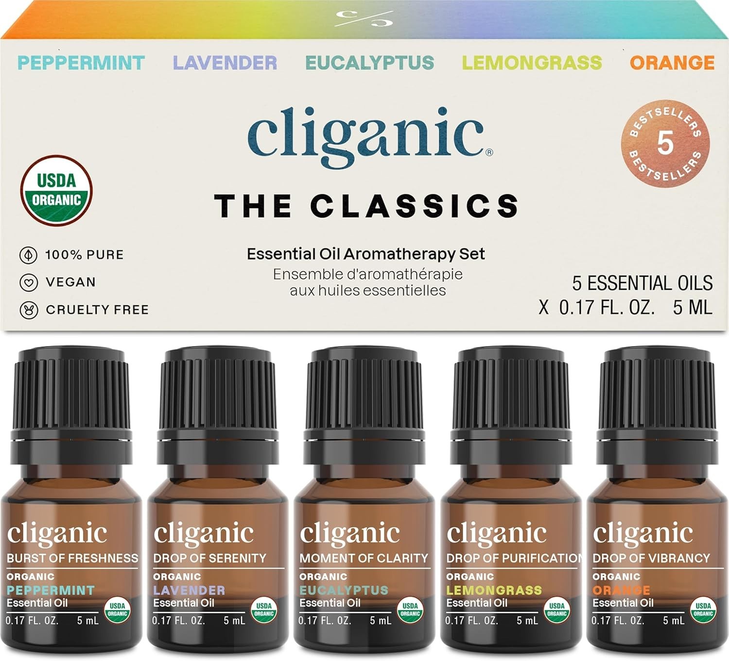 USDA Organic Essential Oils Set – Peppermint, Lavender, Eucalyptus & More, 5x5mL