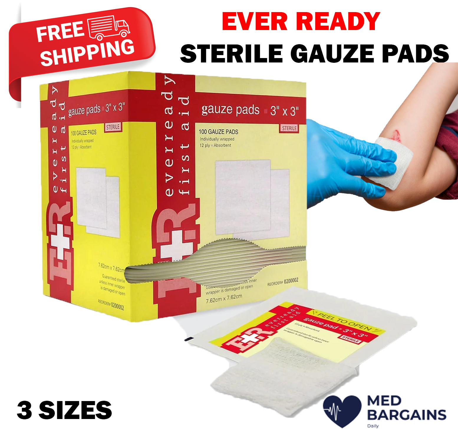 Ever Ready First Aid Sterile Gauze Pads 12Ply Single Wound Care Bandage – 100CT