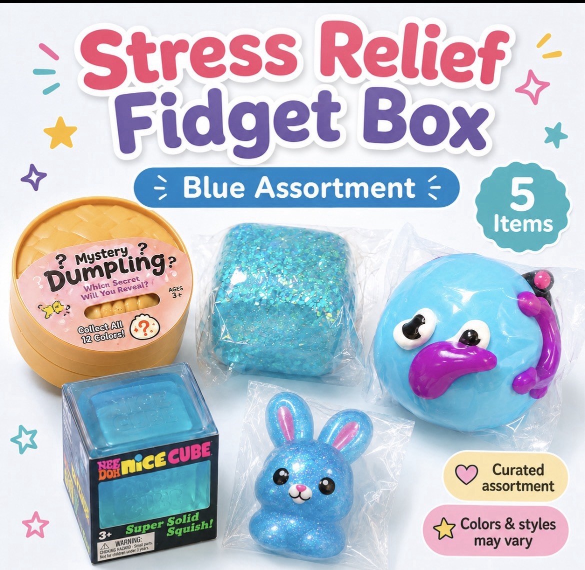 Stress Relief Fidget Toy Box, Blue Assorted Curated Mix, 5 Items