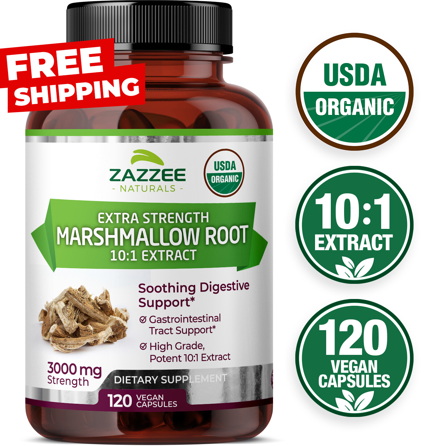 USDA Organic Marshmallow Root 10:1 Extract, 3000 mg Strength, 120 Vegan Capsules