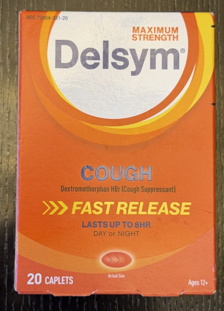 Delsym Maximum Strength Dextromethorphan 15mg – 20 Caplets – Ex 02/2026