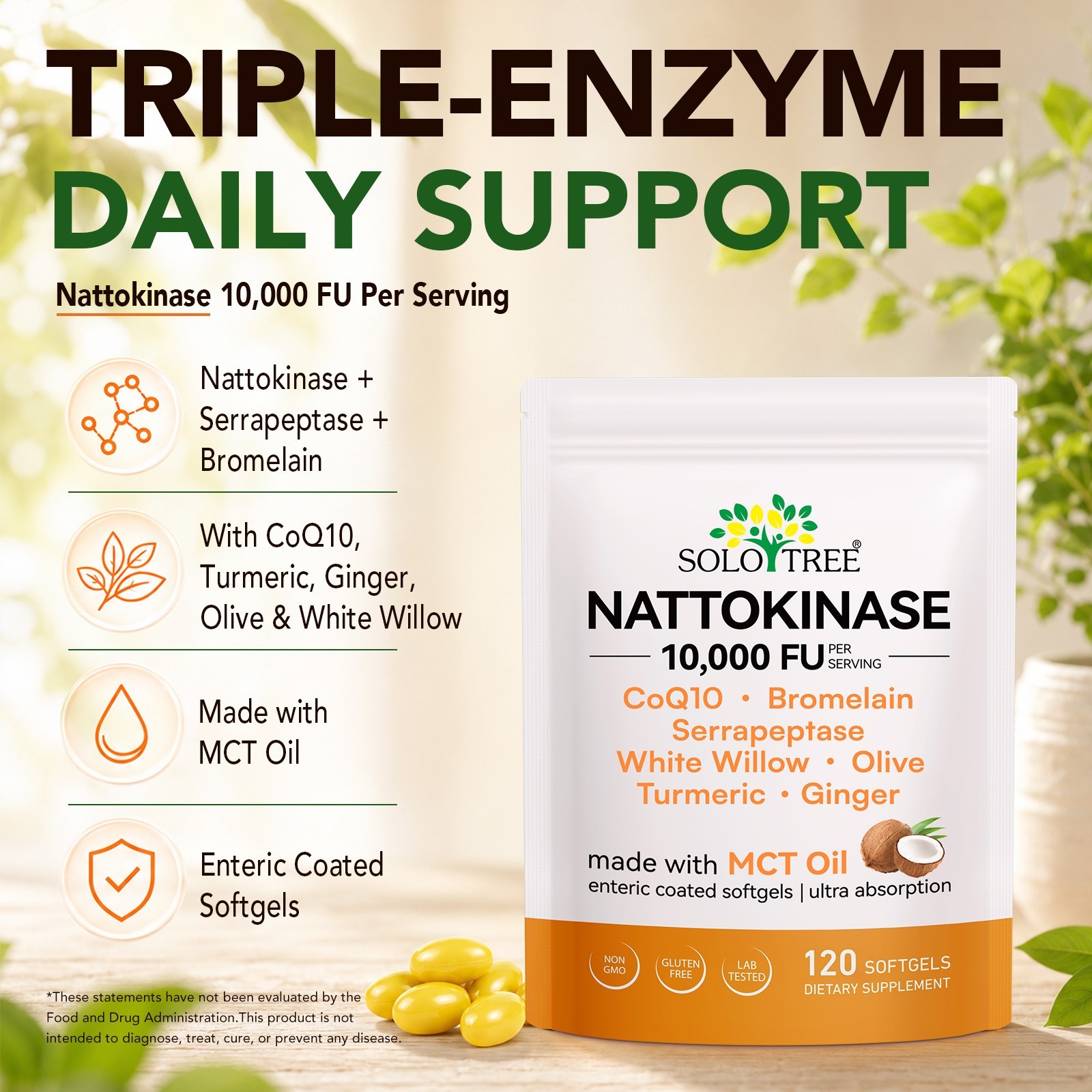 Nattokinase Supplement 10,000 FU, 7-in-1 Formula with CoQ10, Bromelain,Turmeric,