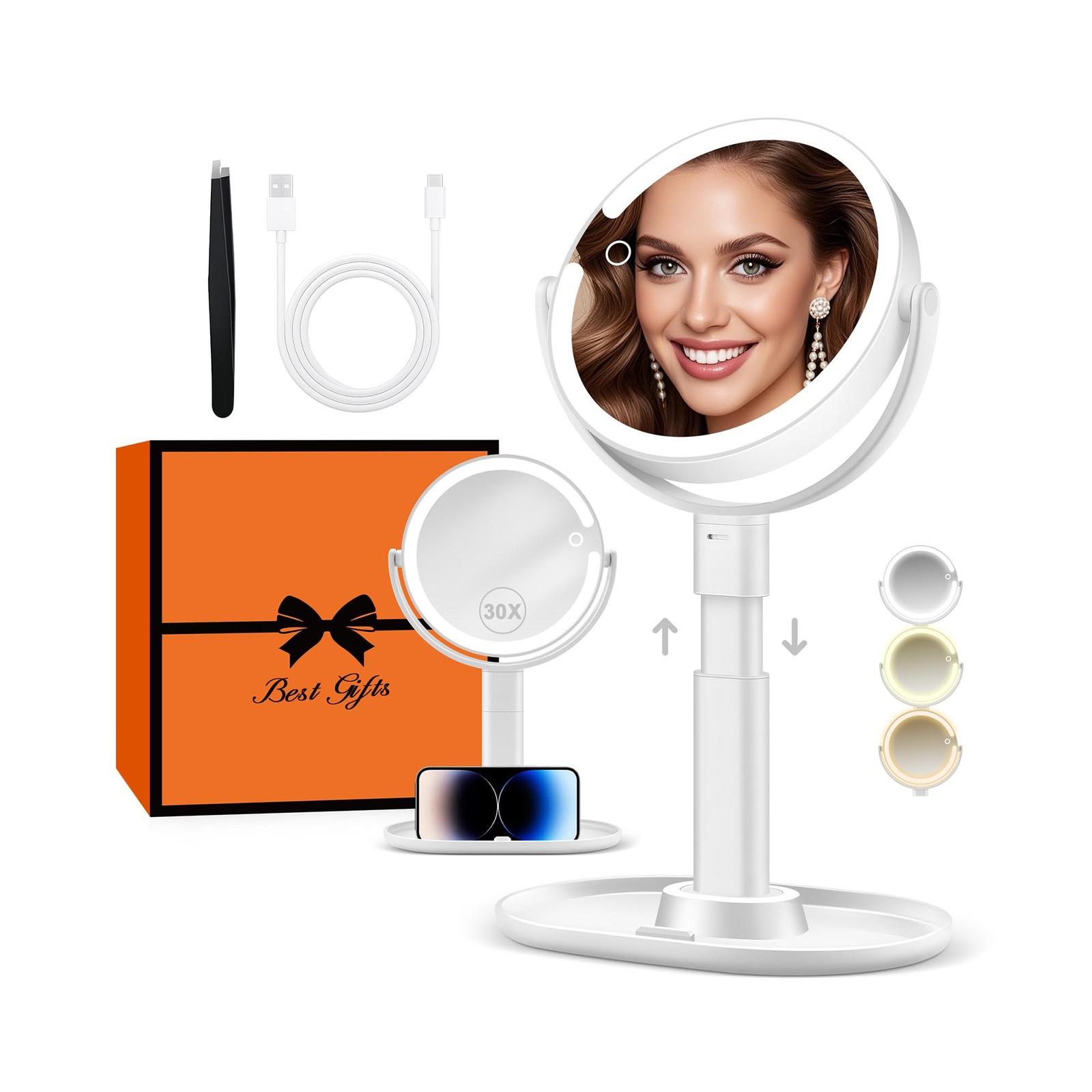 Vanity Mirror with Lights, 30X Magnifying, Rechargeable 3000mAh – Adjustable