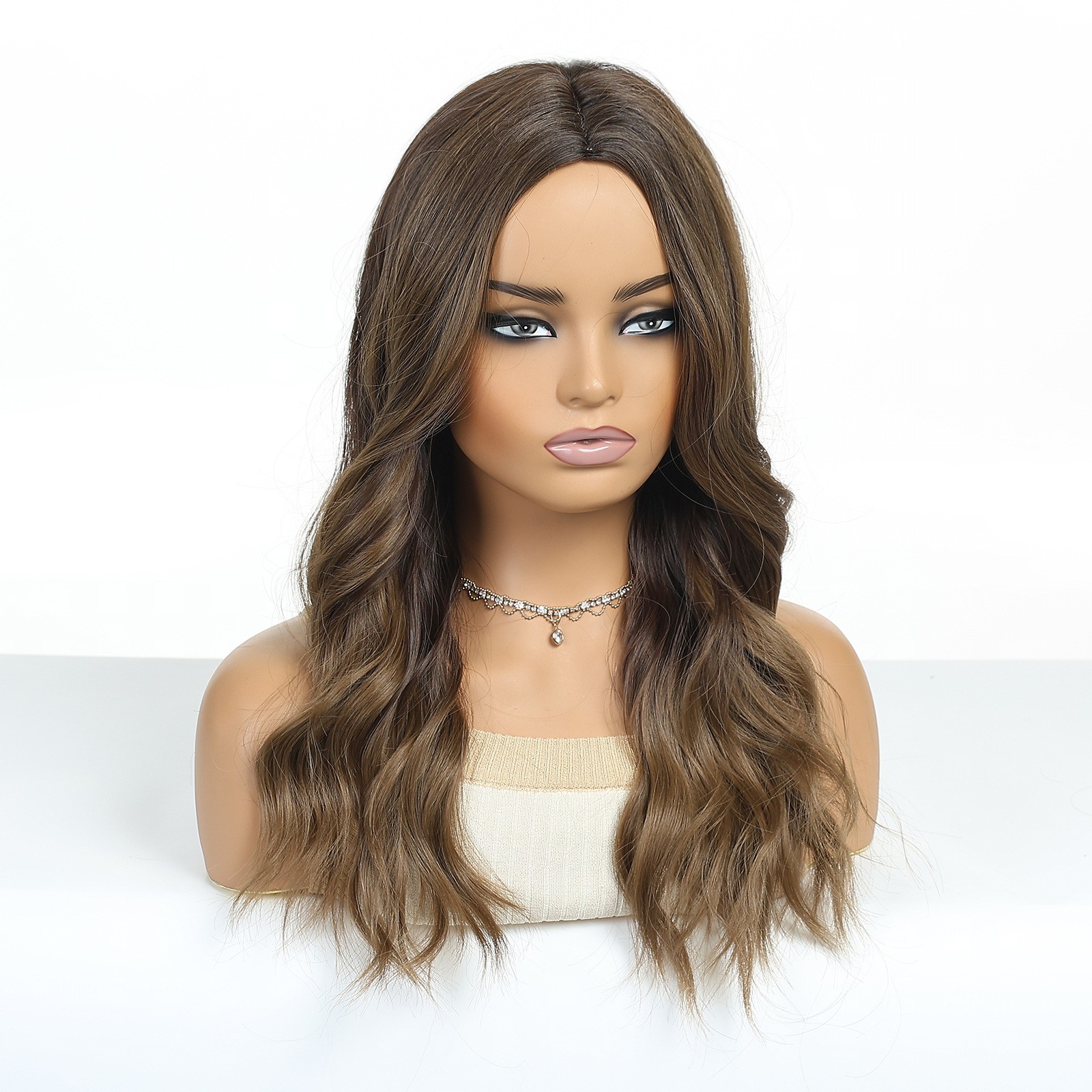 Highlight Brown Long Curly Wig Middle Part Fluffy Natural Full Head Synthetic