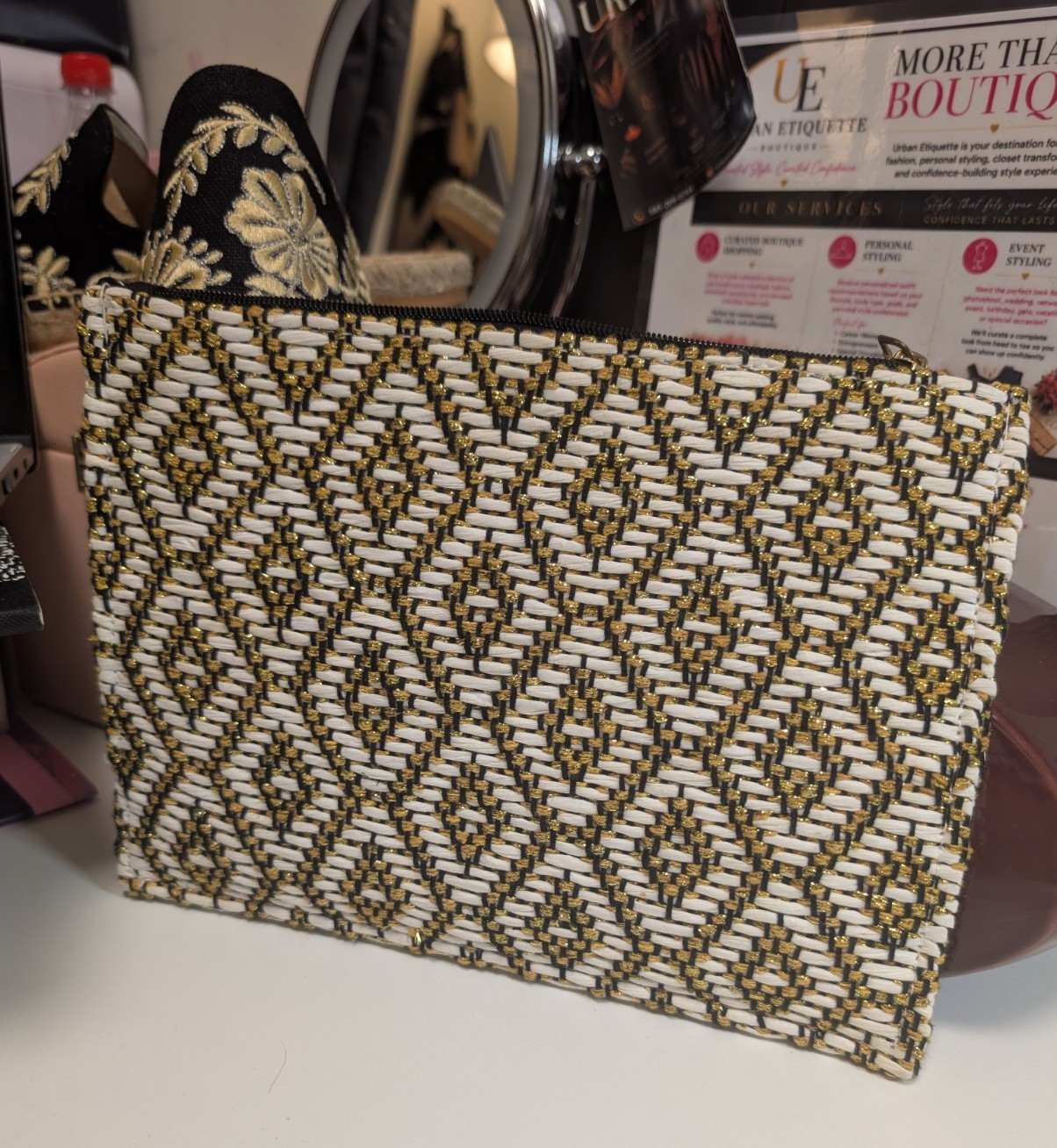 White/Gold/Black Woven Fabric Makeup Bag Pouch w/ Zipper Closure