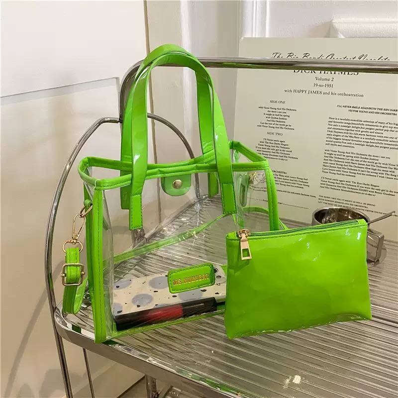 Neon Green Clear PVC Jelly Tote Bag With Inner Pouch Crossbody Bag
