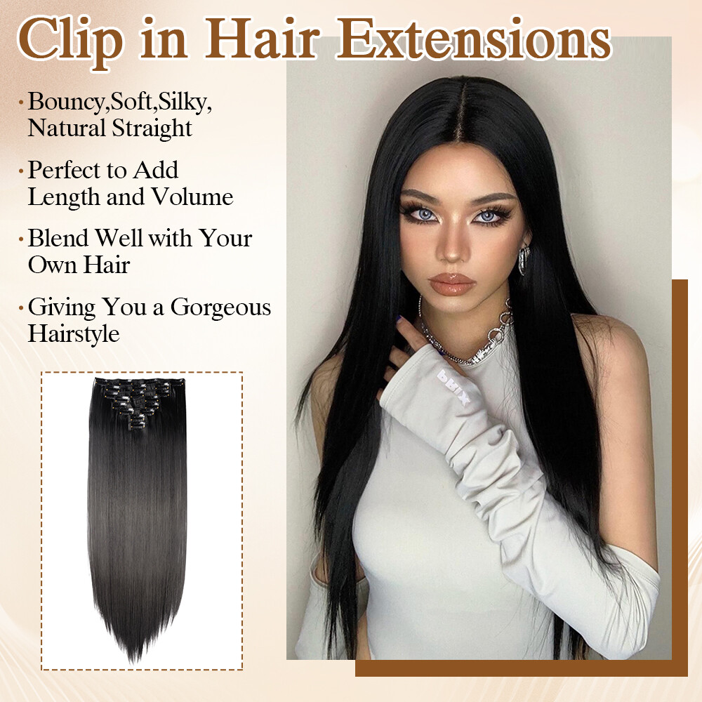 100% Real Natural Full Head Clip in Hair Extensions 8Pcs Straight Wavy Synthetic