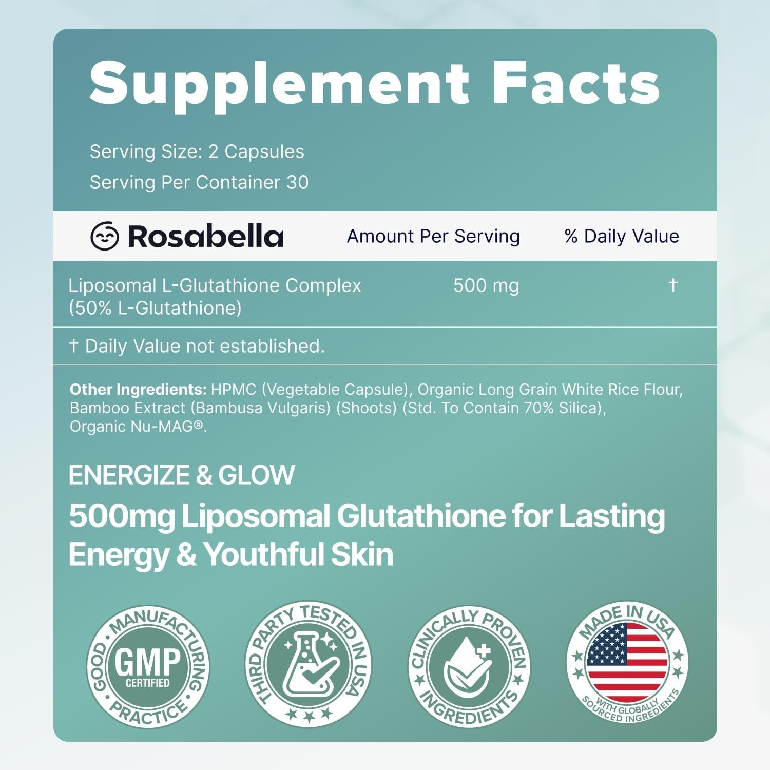 Rosabella Liposomal Glutathione 500mg – 3-Bottle Set (60 Caps Each), High Absorp
