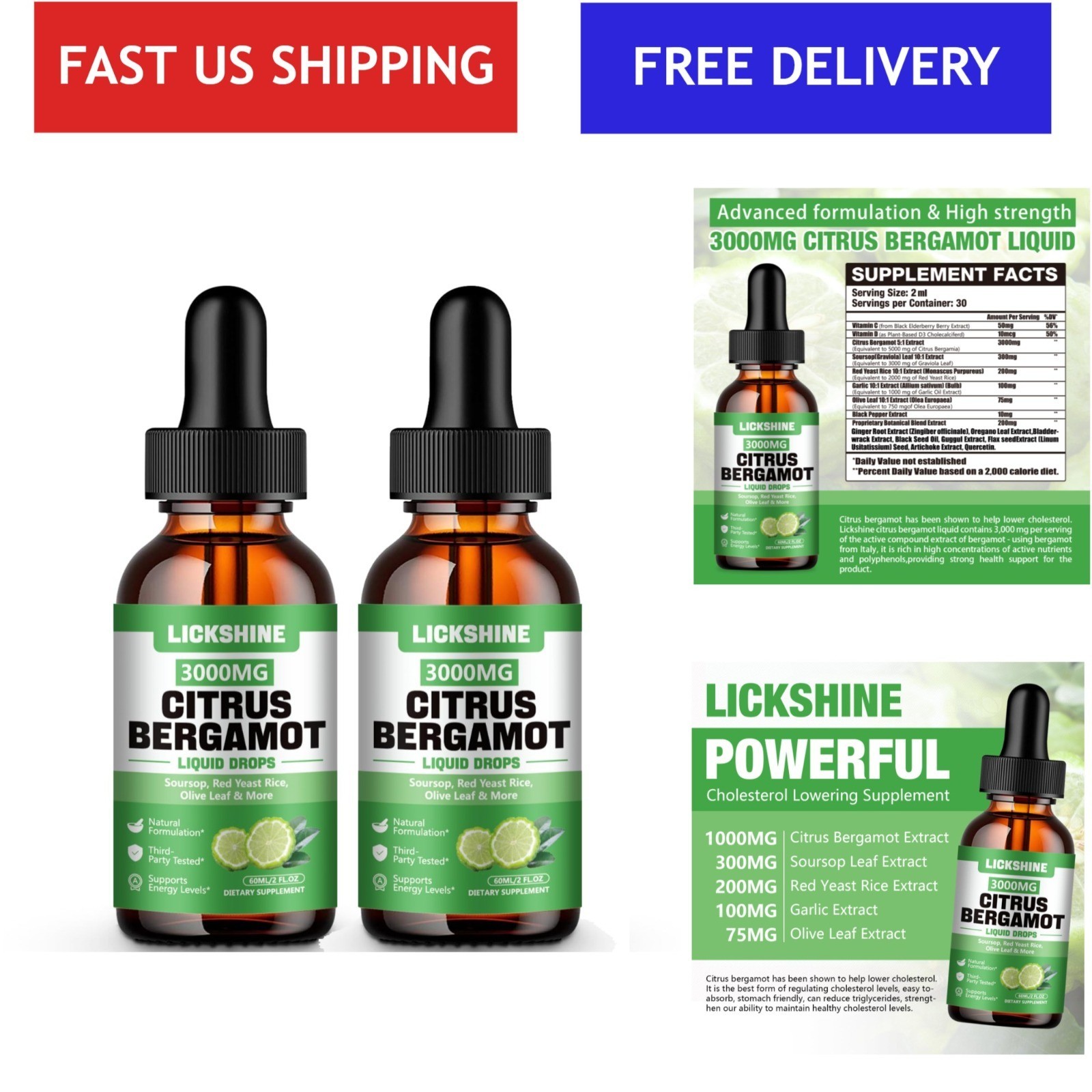 2 Pack 3000Mg Citrus Bergamot Liquid Drops – High Absorption – Cholesterol Lo…