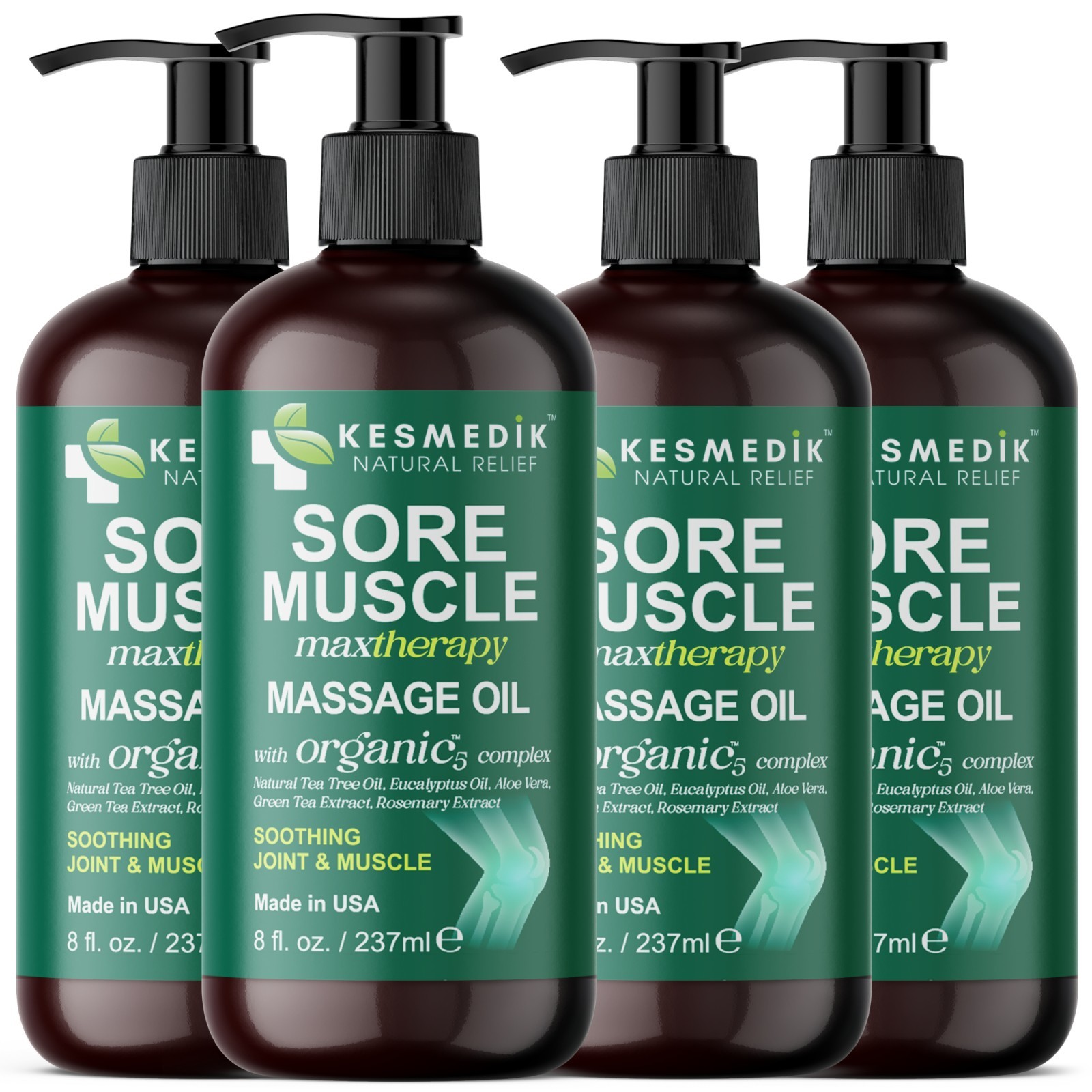 Sore Muscle Massage Oil 8 oz 4-Pack Arnica Eucalyptus Tea Tree Deep Relief