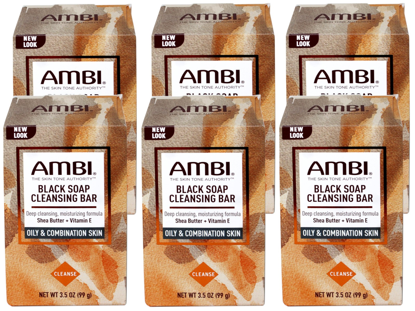 6 Pack Ambi Black Soap Cleansing Bar with Shea Butter Vit E for Oily Skin 3.5 OZ