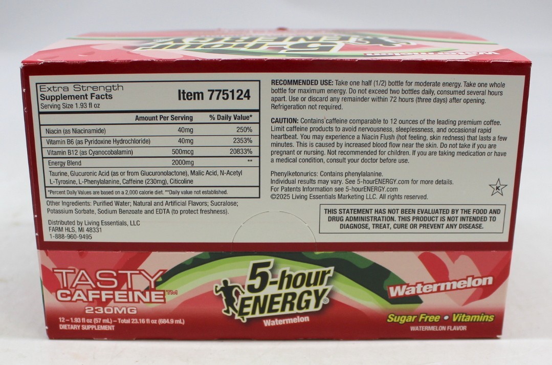 5 Hour Energy Extra Strength Watermelon 12 Count Box 1.93 oz Shots Five Hr New