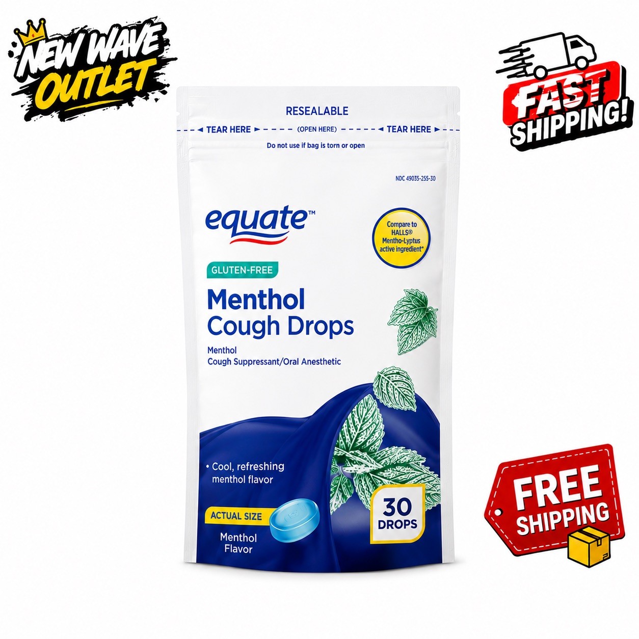 Equate Gluten-Free Menthol Cough Drops, Menthol Flavor, 30 Count