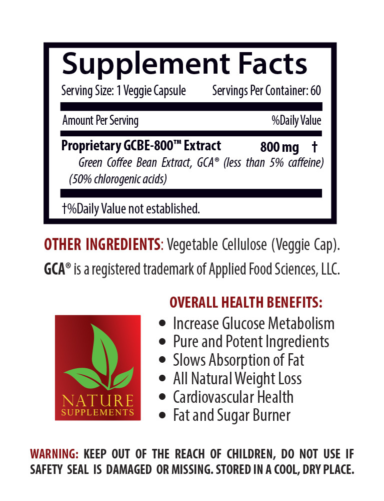 Green Coffee Bean Extract GCA 800mg 50% Chlorogenic Acid (2 Months Supply)