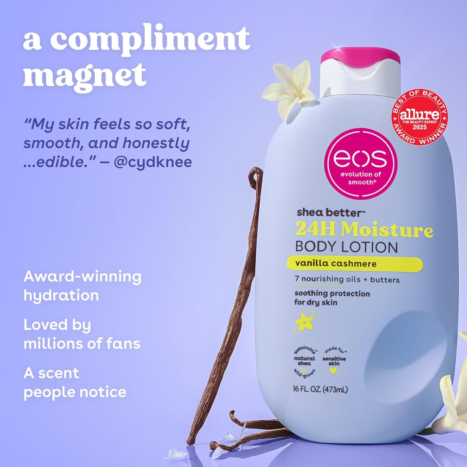 Eos Shea Better Body Lotion Vanilla Cashmere, 24-Hour Moisture Skin Care, Lightw