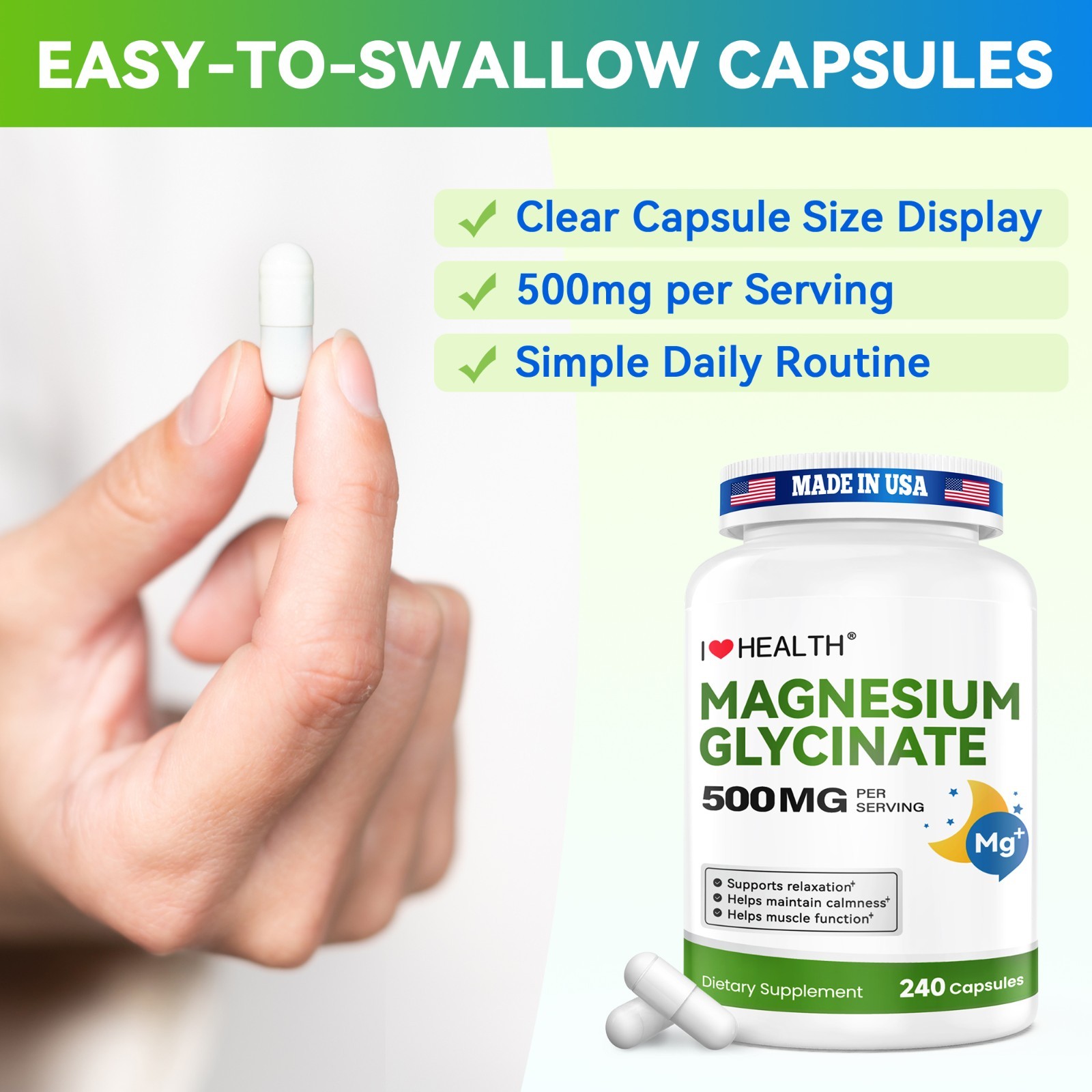 High Absorption Magnesium Glycinate 500mg per Capsule 240 Capsules Sleep Support