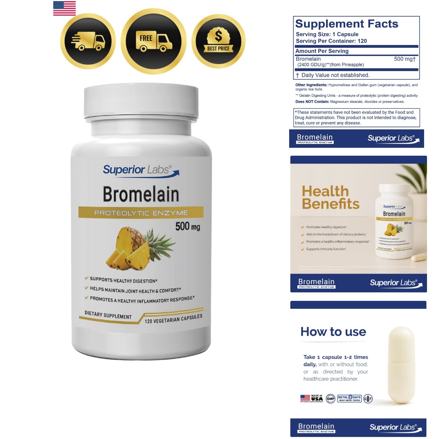 Bromelain 500mg – 2400 GDU/Gram Non-GMO Pineapple Enzyme, Plant-Based Digesti…