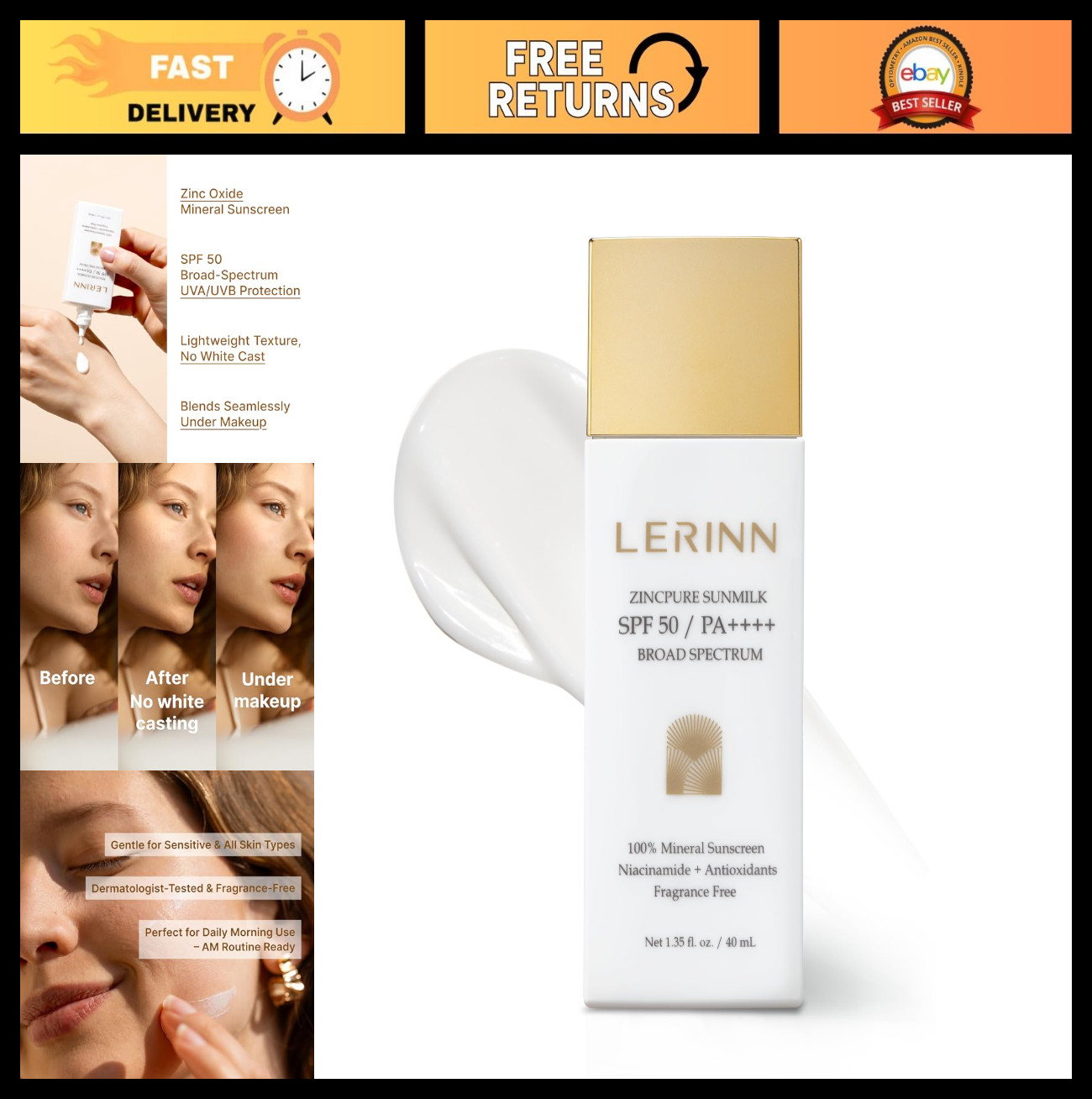 Zinc Oxide Sunscreen SPF 50 PA++++ | Lightweight, Fragrance-Free, No White Cast