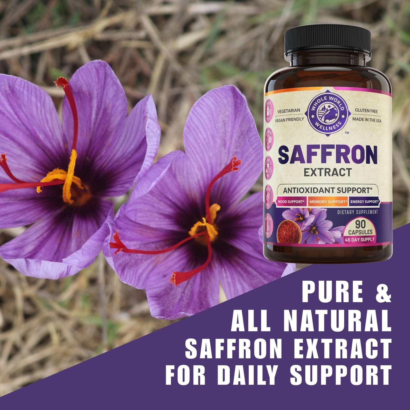 WHOLE WORLD WELLNESS 100% Pure Saffron Extract – 90 Count (Pack of 1)