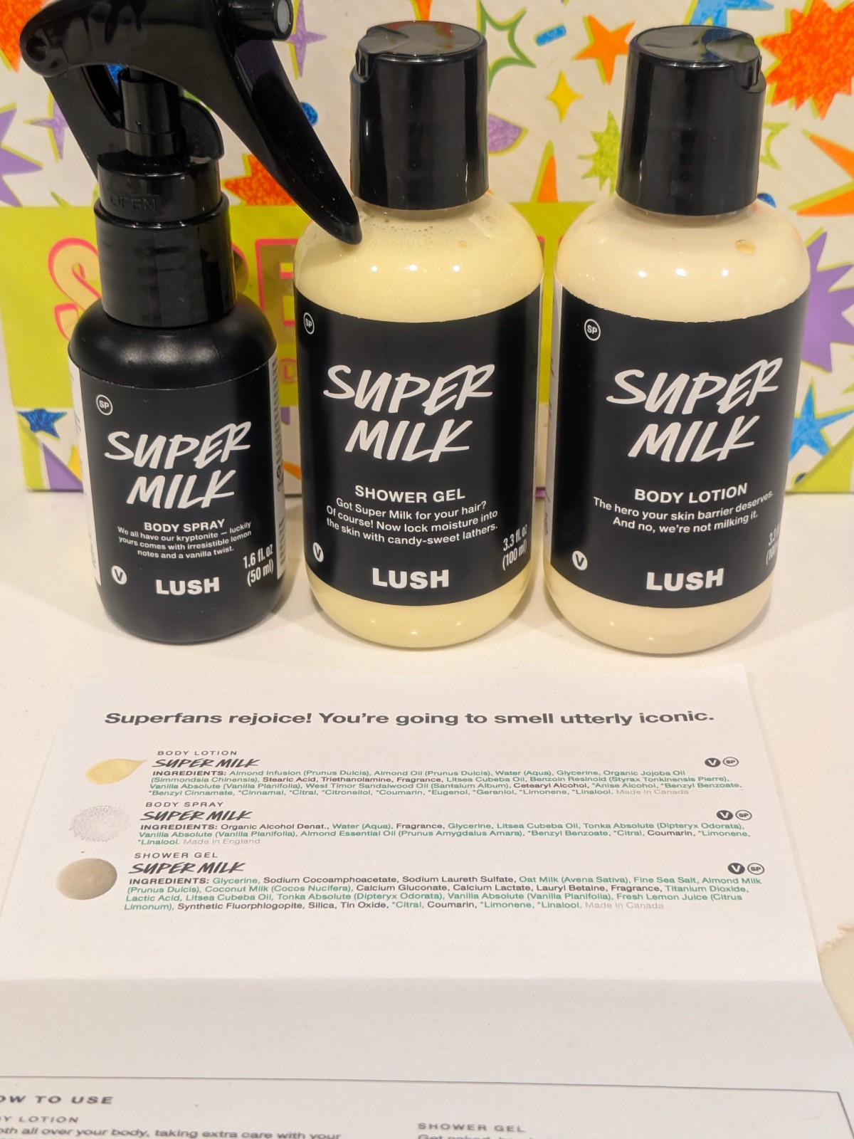 LUSH Super Milk – Gel/Lotion/Spray Gift Set 3-Piece Box Brand New Limited Ed