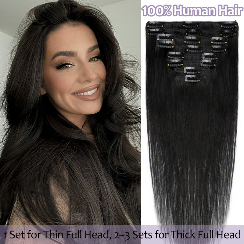 CLEARACNE Clip in Russian Remy Human Hair Extensions 8 Pieces 18 Clips Full Head
