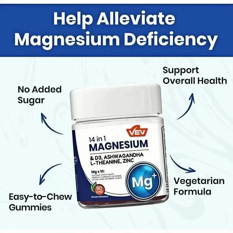 VEV 14-in-1 Magnesium Gummies – 10 Mg Types + D3, Ashwagandha – 90 Ct (2-Pack)