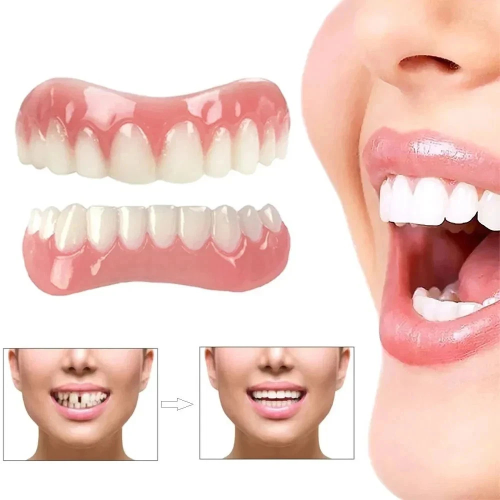 2x Silicone False Teeth Upper & Lower Smile Dental Veneers Dentures False Tooth