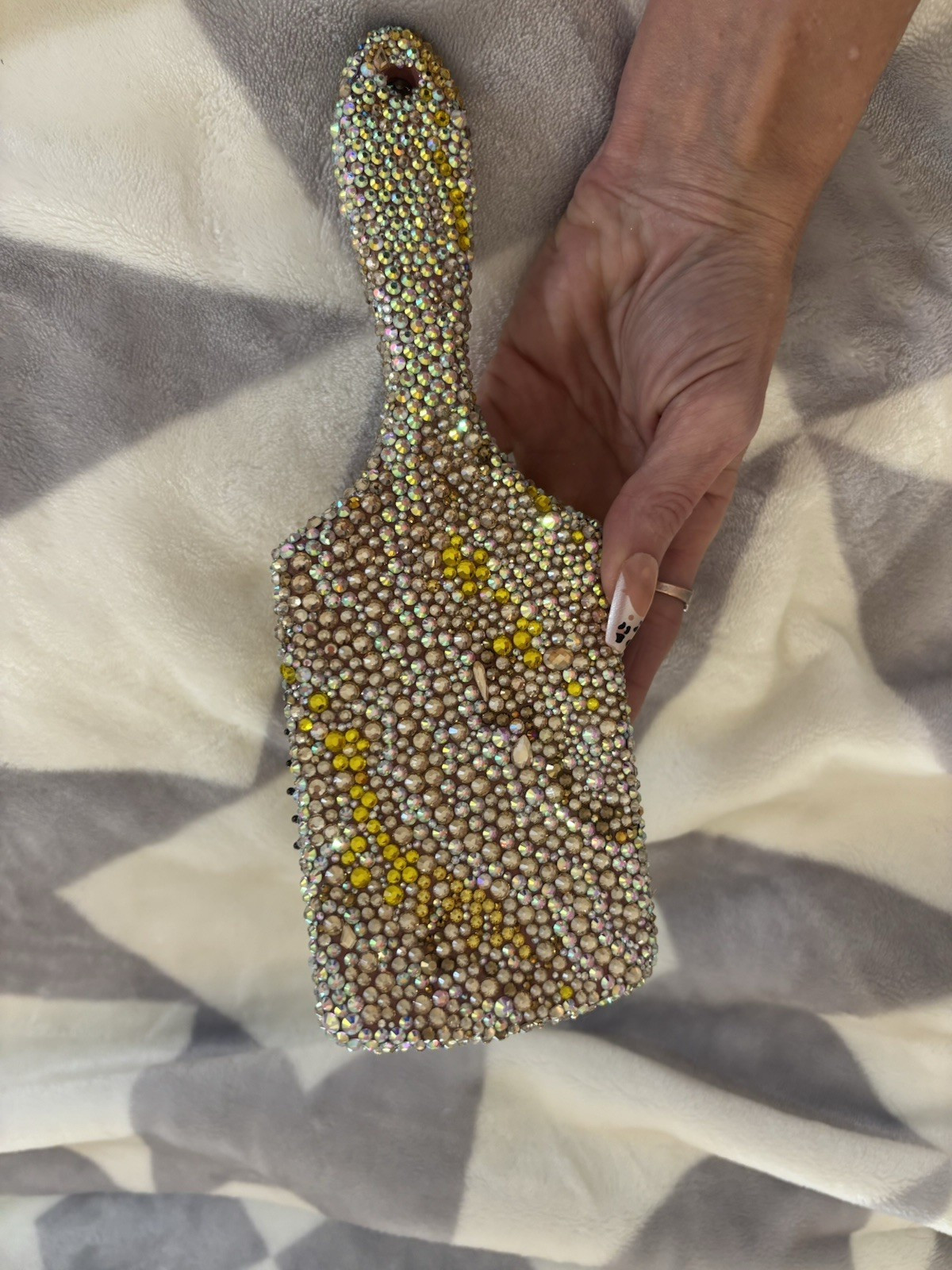 Bling Rhinestone Paddle Hair Brush Gold & Clear Cushion Base 10 in Rectangle