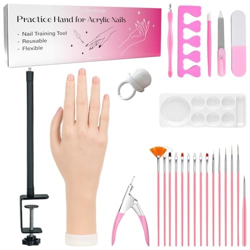 Practice Hand for Acrylic Nails, Flexible Bendable Fake Hand with Clamp Stand