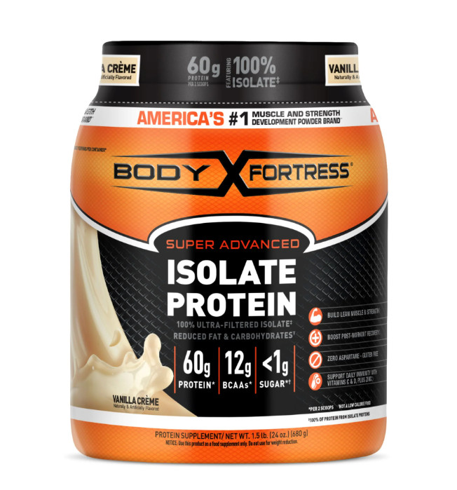 Body Fortress 100% Isolate Protein Powder, Vanilla, 1.5 lb, 60g Protein