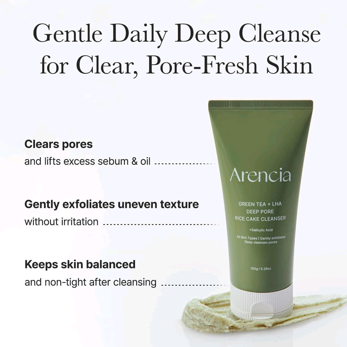 ARENCIA Rice Cake Cleanser, Green Tea + LHA Deep Pore Cleansing Face Wash,…