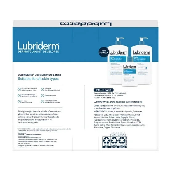Lubriderm Fragrance Free Daily Moisture Lotion 24 fl oz, 2-ct + 6 oz Travel Size
