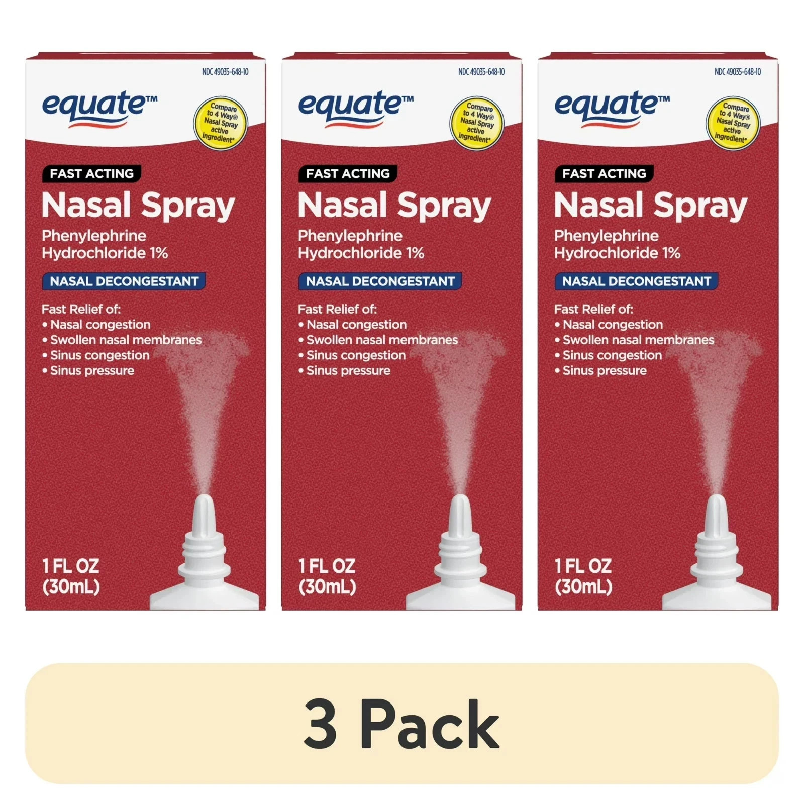 (3 pack) Equate Fast Acting Nasal Spray, Phenylephrne HCl 1%, 1 fl oz