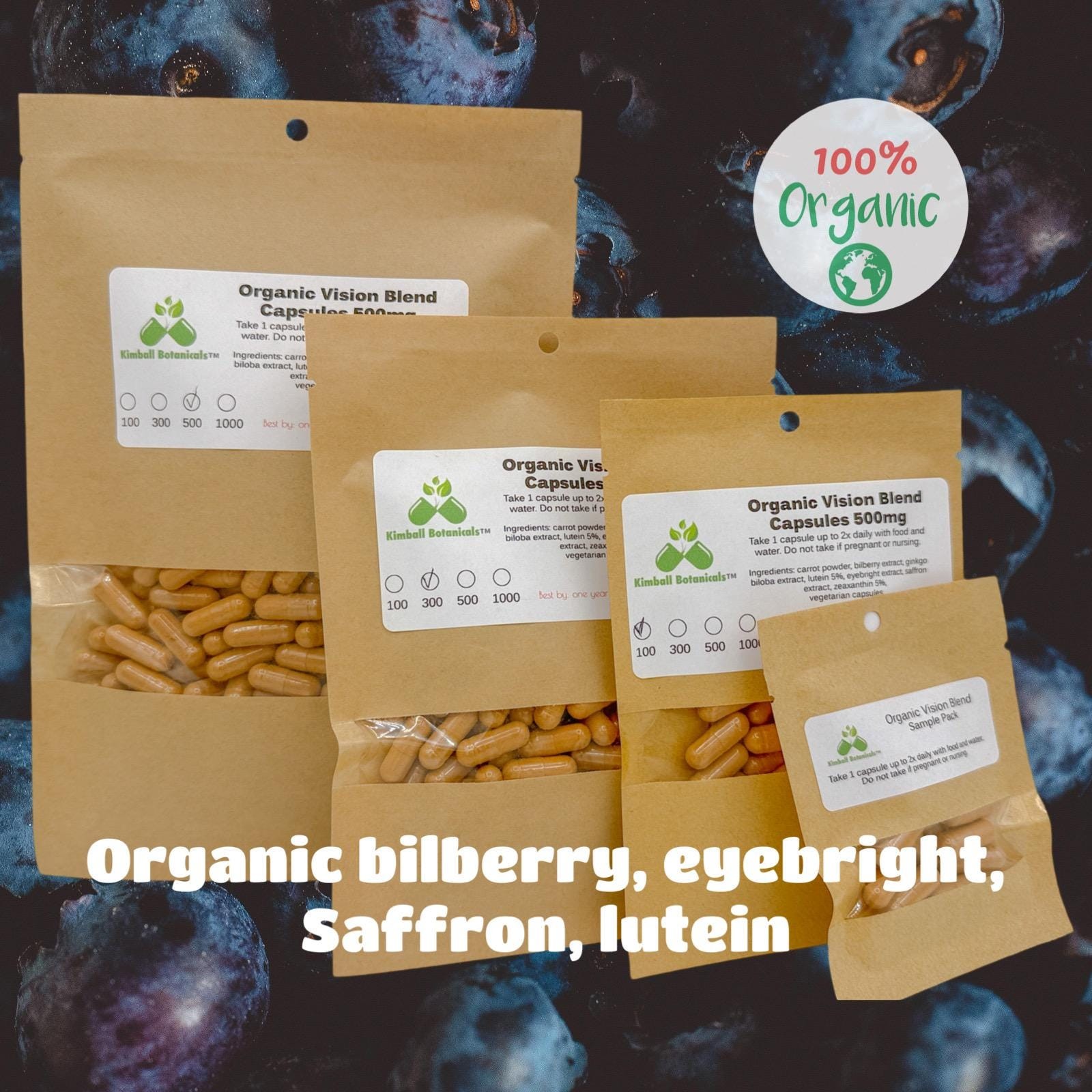 Organic Viz-ion Blend, Bilberry, Lutein, Eyebright, 500mg and 650mg vegetarian