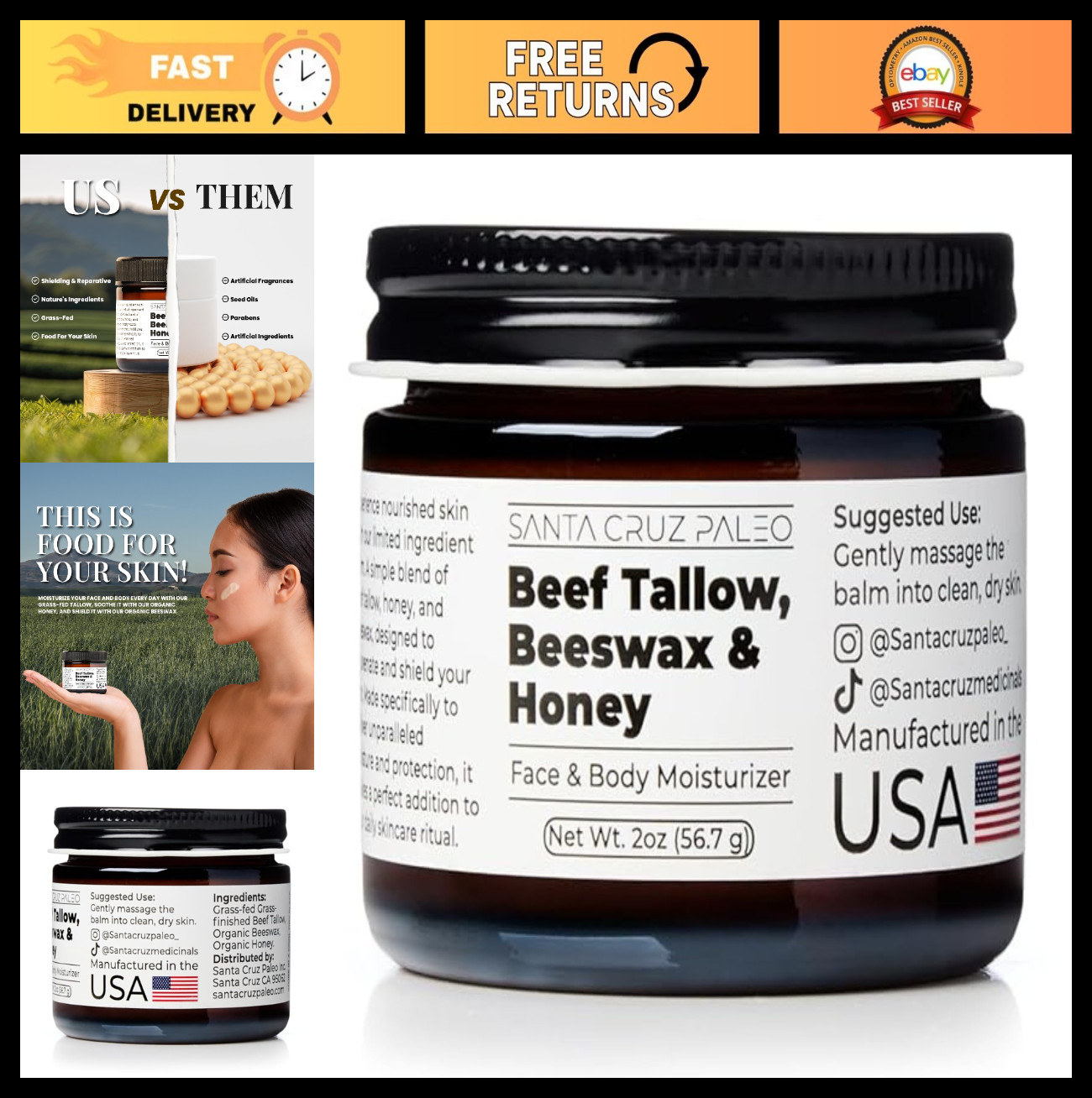 Organic Beef Tallow & Beeswax Face Moisturizer – Unscented, Non-Comedogenic, 2 O