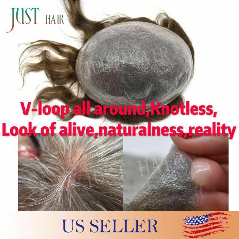 Mens Hair Replacement Ultra Thin Skin Toupee Grey Hairpieces PU System Wig US