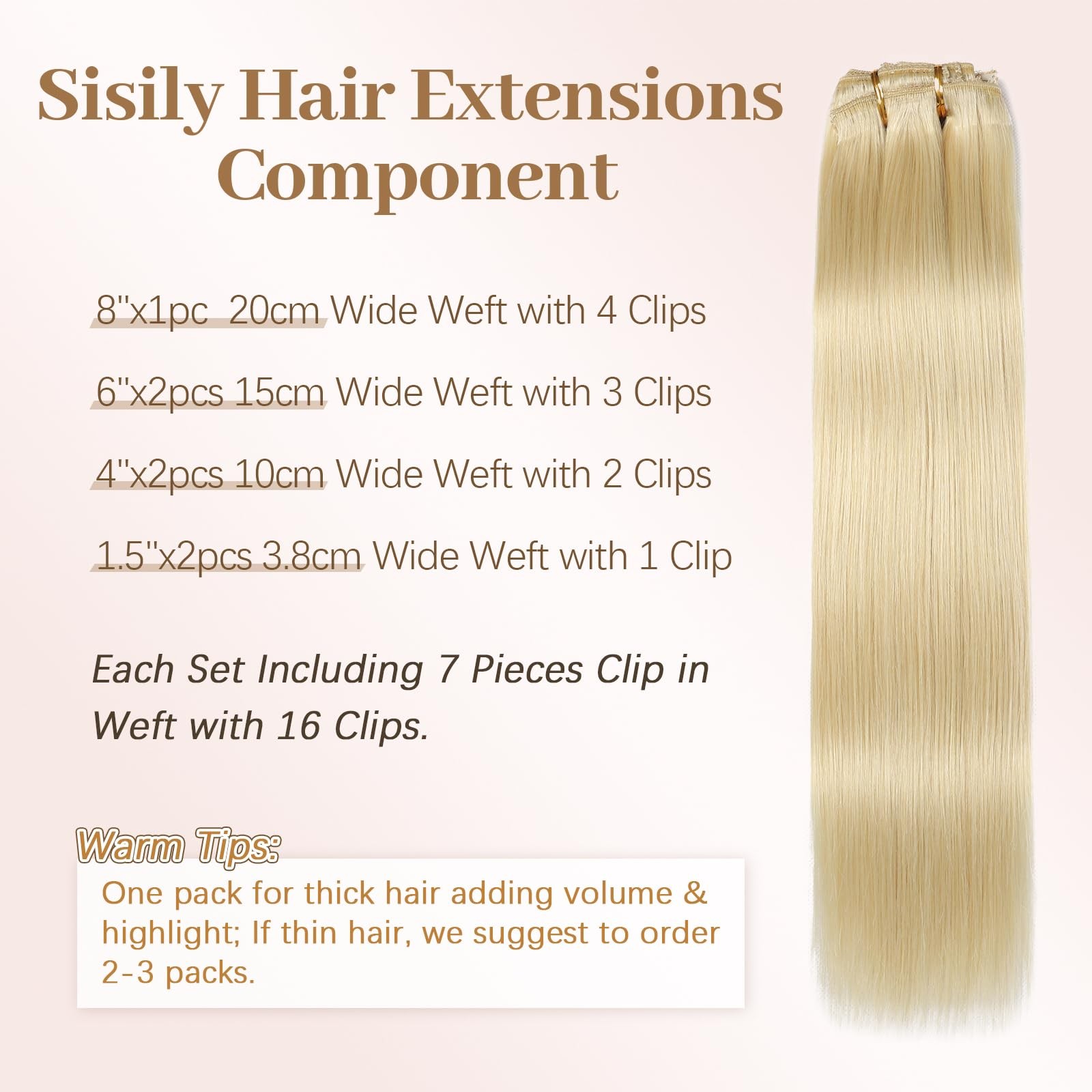 Sisily Clip In Hair Extensions Real Human Hair 22 Inch 120G Bleach Blonde 100