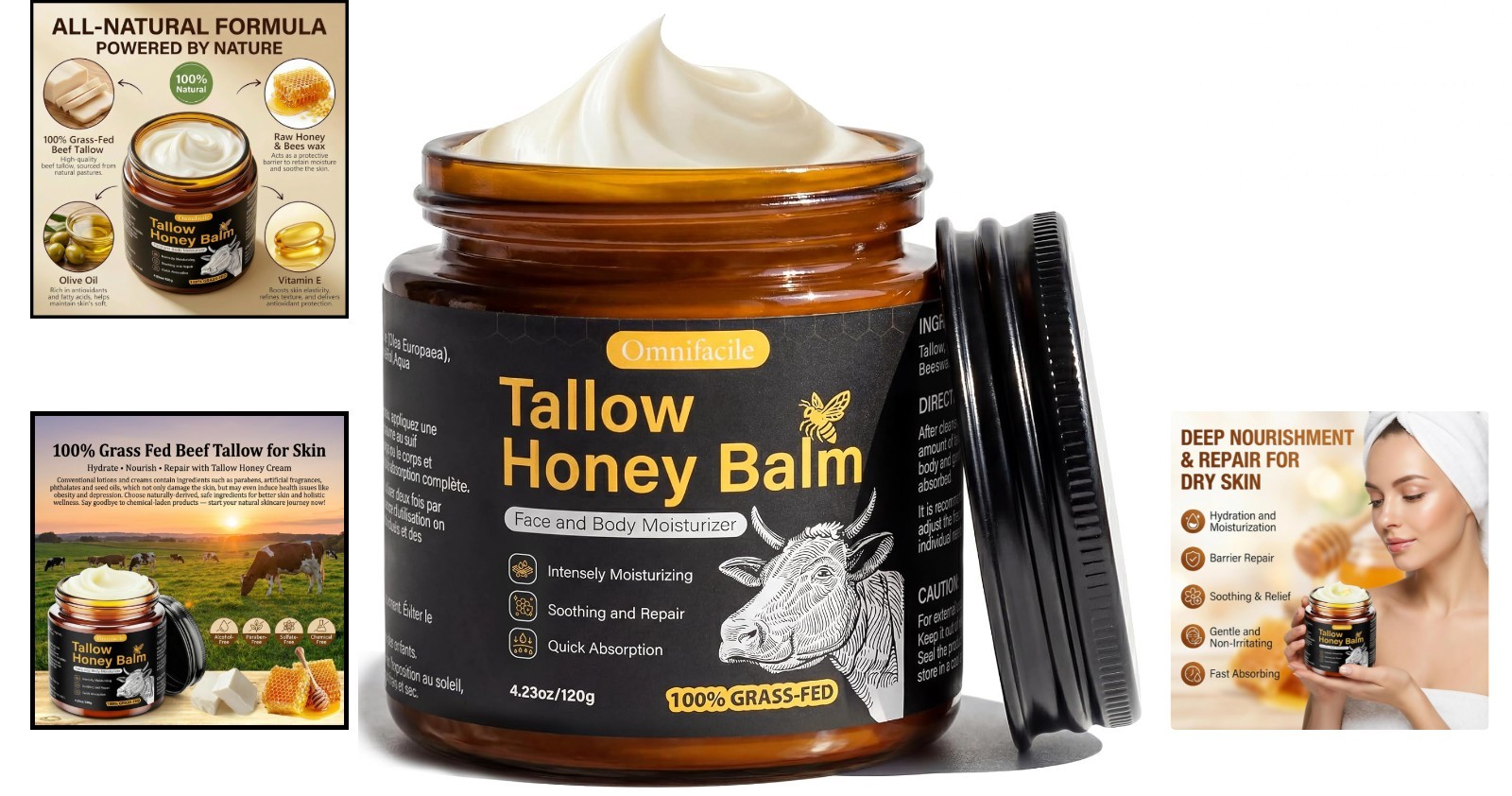 Beef Tallow and Honey Balm for Skin,4.23Oz 1 Pack -120g Men Women