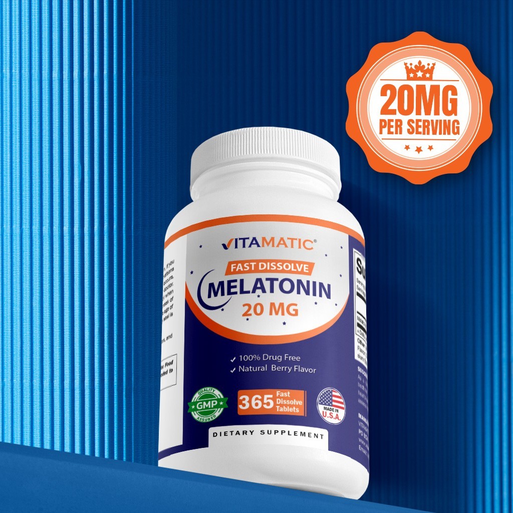Vitamatic Melatonin 20mg – 1 Year Supply | Natural Berry Flavor – 365 Tablets
