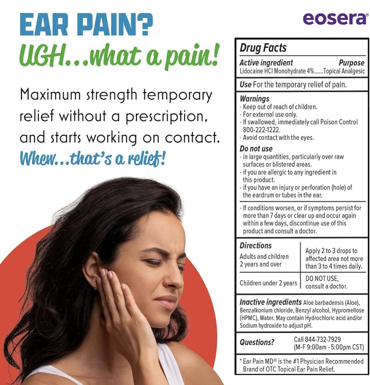 4x EOSERA Ear Pain MD Pain Relieving Drops 12.5ml (EXP 05-2026+) FREE SHIP