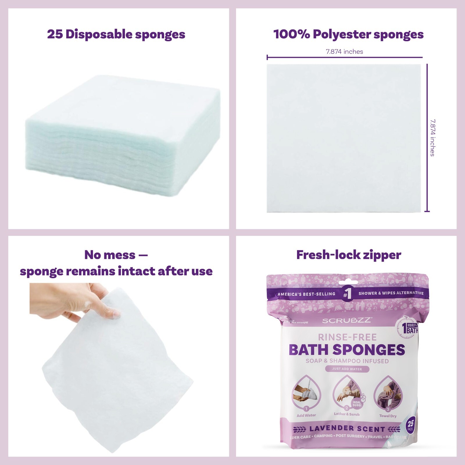 Scrubzz Disposable Rinse Free Bathing Sponges – Lavender, 75 Count