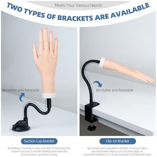 Practice Hand for Acrylic Nails, Flexible Bendable Fake Hand with Clamp Stand