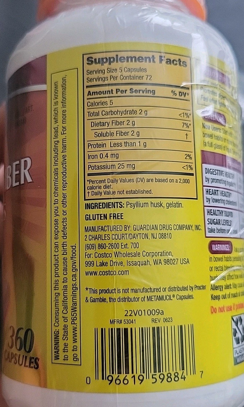 Kirkland Signature Psyllium Husk Fiber Capsule 2×360 Count EXP 02/2028