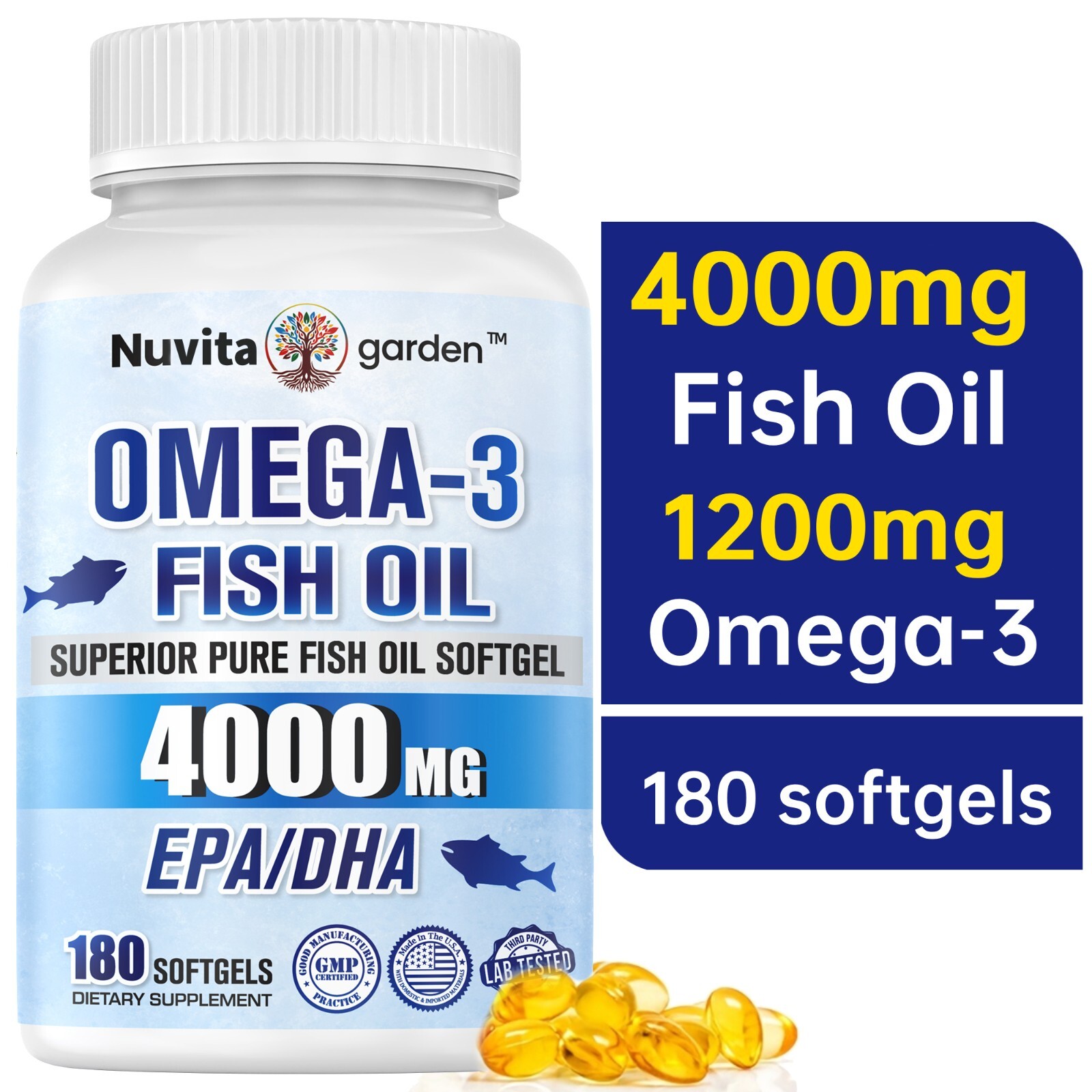 (2pack) 4000mg Omega-3 180 Softgels Triple Strength Burpless Fish Oil Supplement