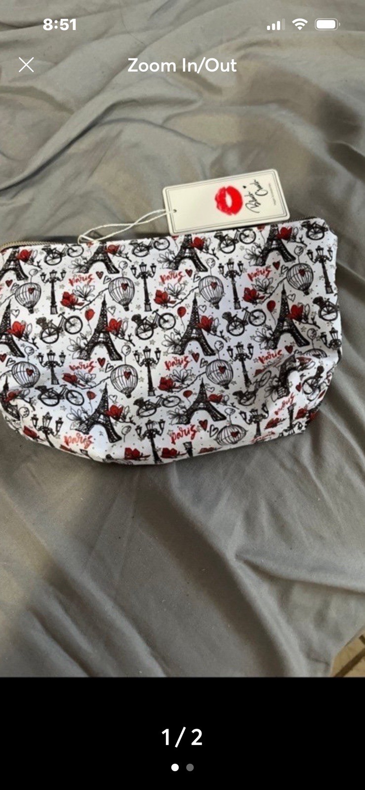 Paris Eiffel Tower Print Zipper Makeup Bag Pouch, White Black Red Colors